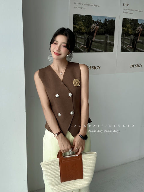 Knitted Collar Down Crystal Buttons Vest